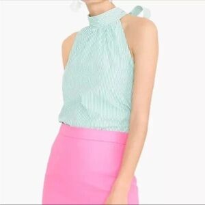J.Crew Green & White Sunray Stripe Kelly Ivory Tie-Neck Cotton Poplin Top NWT 4